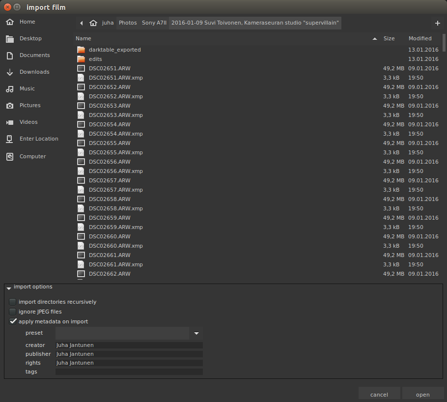 Darktable 2.0: import